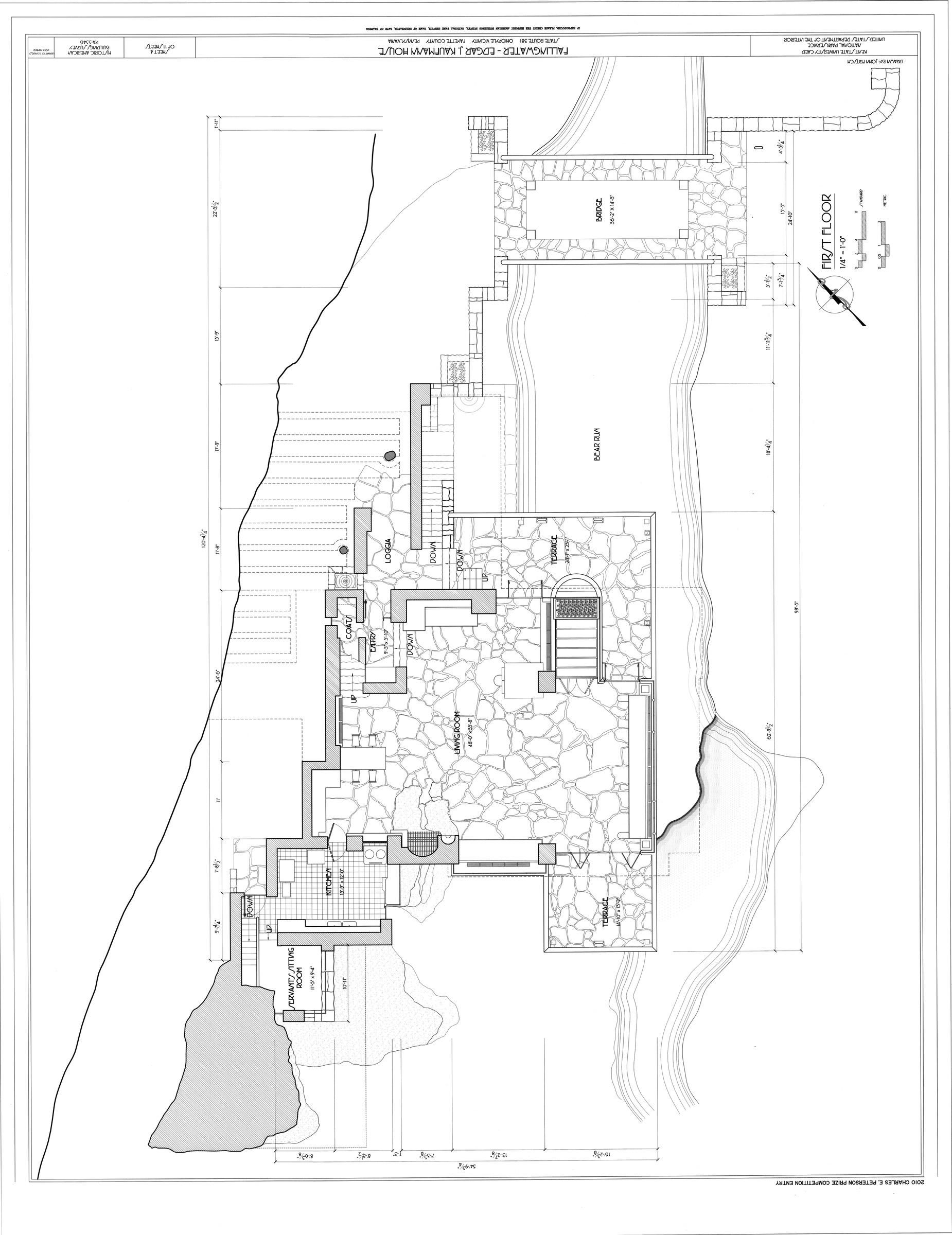 Denah lantai pertama Fallingwater. Dokumentasi survei HABS PA-5346, lembar 4 dari 11; dibuat pada 2010 menurut katalog Library of Congress. Dokumen survei ini bukan denah rancangan asli tahun 1937.
